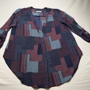 Lush Women Navy Blue Geometric Patchwork Roll Tab V-Neck Blouse Top Size M
